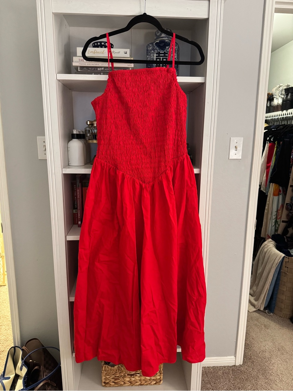 H&M NWT Bright Red Smocked Midi Dress